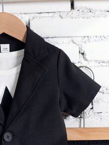 2pcs/Set Baby Boys' Black Short Sleeve Suit Set - Single Breasted Mini Blazer + Black Shorts, Classic Faux Pocket Design, Suitable For Birthday Party, Evening Event, Performance, Wedding, Christening, Children's Outfit, Baby Boy Clothing, Boys Set, Baby Boy Set, Baby Boy Set Toddler Boy Suit Set
