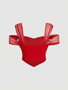 SHEIN MOD 大码露肩褶皱下摆红色上衣，适合外出穿着，情人节红色胸衣，红色束身衣，Y2K风格红色夏季上衣，红色度假风 - 紅色 - 查看 4