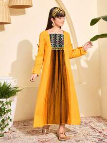 Tween Girls Long Dress, Geometric Pattern Contrast Mesh Dress, Bow Decor Long Sleeve + Tassel Mesh Design Middle Eastern Style Children Clothing - Yellow - View 2