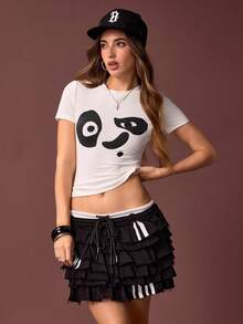 SHEIN Kung Fu Panda Women's Casual Everyday Commute Cute Panda Print White Fitted Cropped T-Shirt, Summer - White - View 5