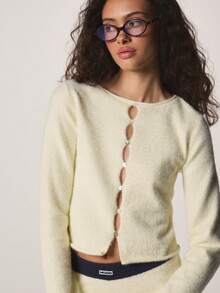 MISSGUIDED Soft Knit Button Front Cardigan With Cut Out Details Long Sleeve For Fall Winter Layering - Pale Yellow - View 5