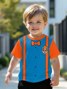 Blippi X SHEIN Young Boy Casual Contrast Color Cartoon Graphic Round Neck Short Sleeve T-Shirt, Summer - White - View 5