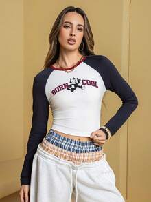 SHEIN Felix The Cat Women's Casual Letter Pattern Contrast Color Raglan Sleeve Cropped T-Shirt, Autumn - White - View 6