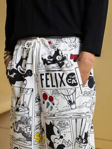 Felix The Cat X SHEIN Men's Casual Fashion Street Cartoon Pattern Drawstring Waist Slant Pocket Loose Tapered Leg Pants - White - View 7