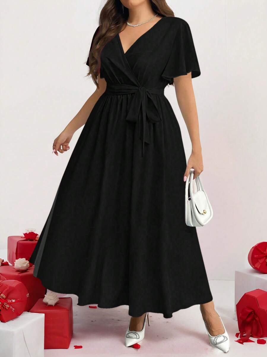 Firerie 休闲复古碎花宽松大码连衣裙，适合秋冬季穿着 - 黑色 - 查看 1