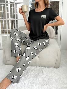 SHEIN 熊猫卡通女式睡衣套装，短袖长裤 - 黑色 - 查看 2