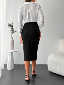 EURMUSE 素色翻蓋口袋鉛筆裙 - 黑色 - 查看 2