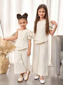 Firerie Kids Firerie Kids 2pcs Tween Girls Oblique Shoulder Shirt Set, Casual Cute Fashion Versatile For Outings, Sisters Photo Shoots, Park, Camping, Daily, Party, Vacation - White - View 6