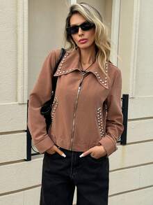 Siren Gaze Women's Casual Fashion Street Suede Rivet Decor Zip-Up Denim Jacket, Autumn Brown - Brown - View 5