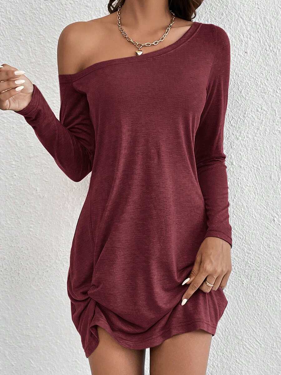 SHEIN Essnce Đầm dài tay cổ lệch, màu trơn, kiểu dáng thường ngày, thắt nút xoắn. - Đỏ - Xem 1