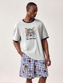 TOM & JERRY X SHEIN Men's Comfortable Cartoon Pattern Trim Short Sleeve T-Shirt And Shorts Loungewear Set, Summer - Light Grey - View 3