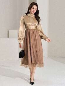 DAZY Women's Color Block Simple Long Sleeve Dress, Casual Everyday Wear Sundress - Camel - View 4