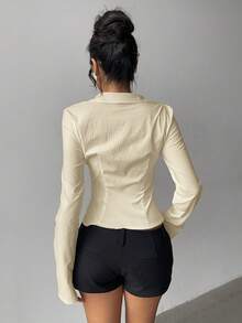 Aloruh Áo kiểu nữ thanh lịch, đa năng, màu trắng trơn, tay ngắn, xếp ly eo, tay dài, thích hợp đi làm, mặc hàng ngày, mùa xuân/hè. - Màu Khaki - Xem 2