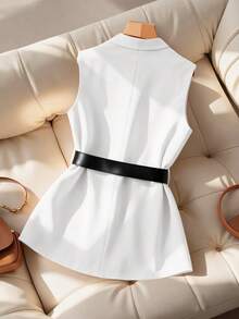 SHEIN PETITE Petite Women Minimalist Sleeveless Commuter Vest Blazer - White - View 2