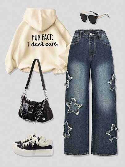 Tween Girls Vintage Distressed Denim Jeans, Y2K Style With Star Patchwork, Loose Wide Leg, Comfortable Cotton, Suitable For Daily Wear, School And Commute, All Season Cute Clothing