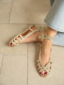 Rosivie Giày sandal đế bằng nữ, giày đế bằng quai dệt màu vàng, thích hợp cho ngày Valentine. - Vàng tươi - Xem 1