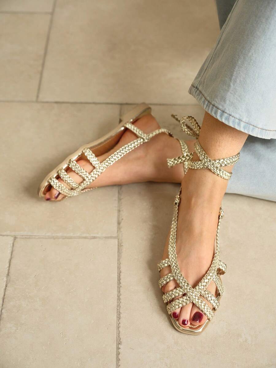 Rosivie Giày sandal đế bằng nữ, giày đế bằng quai dệt màu vàng, thích hợp cho ngày Valentine. - Vàng tươi - Xem 1