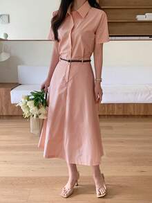 DAZY Women's Collared Waist Cinched A-Line Midi Dress, Pink, Lightweight For Commuting - Pink - View 4