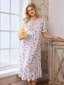 CottageSlumber 蕾丝拼接V领流苏蝴蝶结印花女士睡裙 - 紫羅蘭色 - 查看 7