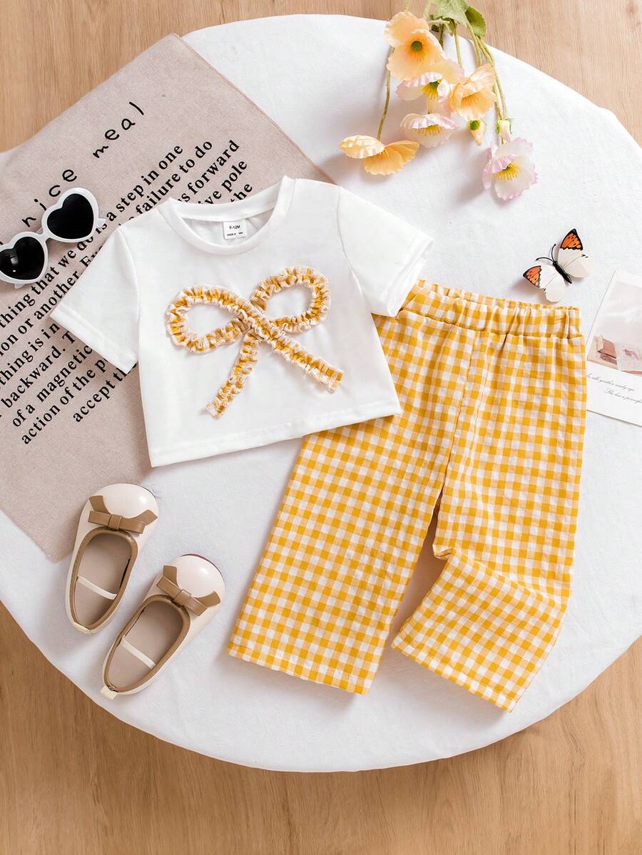 SHEIN 2pcs Baby Girl Toddler/Newborn 0-3Y Cute Casual Striped Bow Decor T-Shirt + Striped Pants Set, Infant Morandee Blue Outfit, Spring/Summer Baby Clothes Set Summer Toddler Checkered Outfit 2pcs Set Toddler Girls Yellow Toddler Outfits Baby Casual Sets - Yellow - View 1