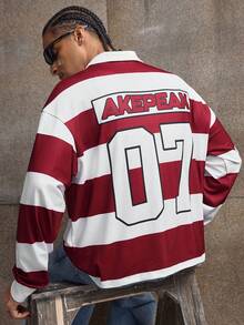 AXEPEAK Casual Street Hip Hop Striped Contrast Color Loose Long Sleeve Men's Polo Shirt - Red - View 3