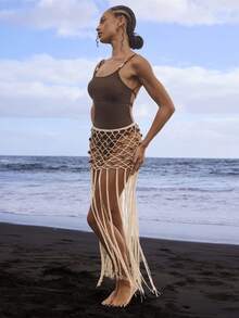 Swim Chiccia 女士性感露背系带修身连体泳衣，简约纯色，适合海滩度假和夏季穿着 - 棕色 - 查看 3