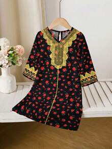 SHEIN 优雅复古印花V领长袖宽松连衣裙，适合春夏、节日、庆典等场合，尽显公主风范、优雅气质，也适合日常穿着和外出活动。节日快乐！ - 彩色 - 查看 4