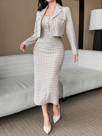 DAZY Conjunto de 2 piezas de vestido elegante con estampado y chaqueta con bolsillo falso para mujer, para otoño/invierno