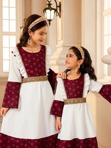 Young Girls' Middle Eastern Style Digital Print Patchwork White Woven Fabric Dress, Elegant & Cute For Professional, Religious, Holiday, Everyday Wear, Spring/Summer/Autumn/Winter New Floral Pattern Sisterwear - Red - View 9