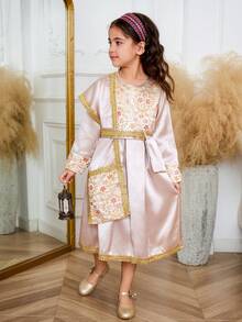 Vestido de niña de color champán con cuello redondo tejido en jacquard, con jacquard delantero, puño de manga de gota de agua abierto en la espalda, ribete de encaje dorado, chal, cinturón y bolso bandolera, elegante y de moda para salidas y fiestas - Albaricoque - Ver 9