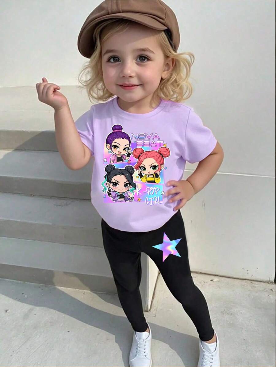SHEIN Playful Pals 春夏休闲时尚创意个性化清新可爱卡哇伊酷炫虚拟少女组合卡通人物彩色五角星标志标语印花舒适基础款短袖T恤和打底裤套装,温暖的夏秋款式,适合女童 - 彩色 - 查看 1