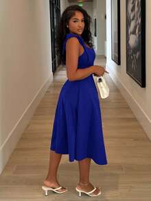 Alexandranx 无袖系带蝴蝶结腰A字型优雅浪漫女士连衣裙 - 寶藍色 - 查看 5