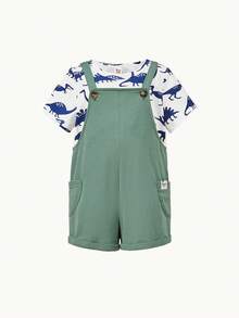 Cozy Pixies Baby Boy Dinosaur Print Tee & Letter Patched Detail Dual Pocket Pinafore Romper - Multicolor - View 6
