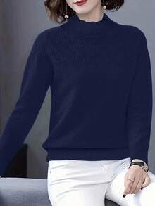 EMERY ROSE Women's Casual Everyday Commute Simple Solid Navy Blue Turtleneck Pullover Sweater, Autumn/Winter - Navy Blue - View 3
