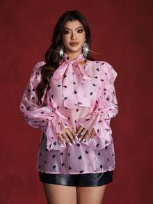 Viva Relle Valentine Plus Size Long Sleeve Heart Ruffle Hem Delicate Elegant French Fashion Blouse - Pink - View 5