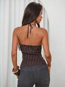 Aloruh 女士串珠吊带条纹背心 - 棕色 - 查看 2