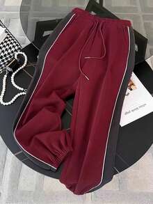 Franclia Sweatshirt lengan panjang berkerudung dengan resleting setengah dan bahu jatuh + celana kasual bertali - Burgundy - View 5