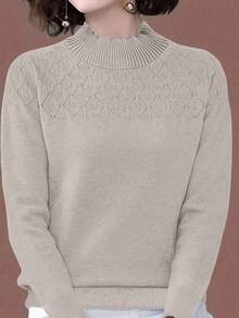 EMERY ROSE Áo len cổ lọ dệt kim tay dài màu trơn đơn giản đa năng cho nữ - Kem - Xem 5