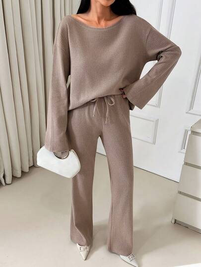 EURMUSE Knit Lounge Set, Oversized Boat Neck Sweater, Off-The-Shoulder Detail, Matching Wide-Leg Trousers, Soft Cashmere Blend, Cozy Knitwear, Relaxed Home Wear, Elevated Casual Outfit