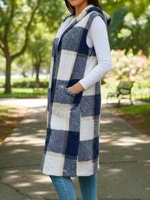 Chaleco Largo de Cuadros para Mujer, Suave para Otoño Invierno - Azul - Ver 2