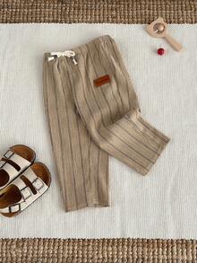 SHEIN Unisex Baby/Toddler Khaki Striped Casual Wide Leg Pants, Comfortable & Fashionable For Spring/Summer - Khaki - View 8