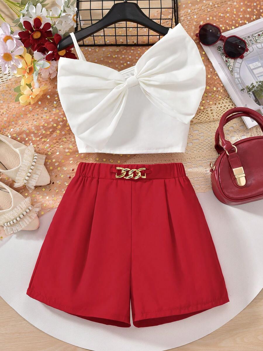 2pcs/Set Tween Girls' Red Bow Camisole Top Paired With Black Shorts, Metal Waistband, Elegant & Spring/Summer Outfit - Multicolor - View 1