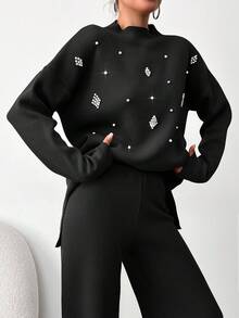 EURMUSE Women's Pearl Beaded Knit Sweater 2pcs/set - Black - View 5