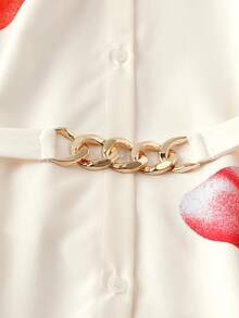 Qadelle Áo sơ mi nữ dáng chuẩn in họa tiết hoa hồng thanh lịch, thích hợp cho đi làm, hẹn hò, ngày Valentine, mùa cưới, dạo chơi mùa xuân, thắt lưng khóa kim loại màu trắng, tay dài, vạt áo cong, thiết kế độc đáo. - Màu be - Xem 5