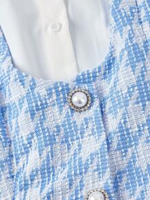 SHEIN MOD 女士二合一黑色束腰长袖荷叶边轻薄西装外套，商务休闲，办公穿着，优雅，适合秋冬季大学生穿着 - 藍色 - 查看 3