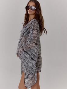 MUSERA 极致垂褶前襟长袖纹理图案钩编条纹迷你连衣裙 波西米亚风 节日 假日 海滩装 夏季度假 可爱 优雅 伊比沙岛 - 彩色 - 查看 5