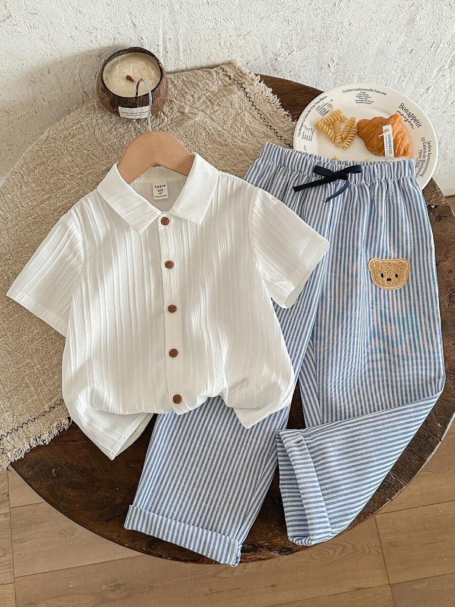 SHEIN LMoss Kids 两件套男童纯色梭织休闲衬衫和条纹休闲裤套装 - 彩色 - 查看 1