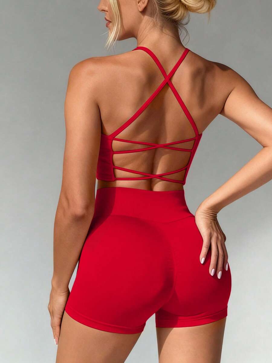 Slayform Bộ đồ tập yoga liền mạch 2 món, kiểu dáng thể thao, áo hai dây hở lưng, có gân, ôm sát bụng và quần short, thích hợp cho Tết Nguyên Đán. - Đỏ - Xem 1