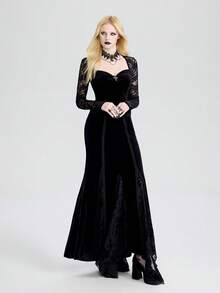 Breakform Women's Elegant Goth Black Velvet T-Shirt,Autumn Retro Lace Spliced Square Neck Front Ruffle Metal Cross Long-Sleeve Slim Short Top For Night Out - Black - View 4