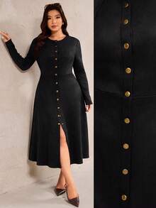 Elegantrix 秋冬季女士优雅圆领单排扣长袖A字开衩棕色连衣裙 - 黑色 - 查看 1